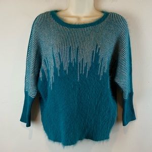 Jennifer Lopez Flirty Fuzzy Silver Metallic Eyelash Teal Sweater Women’s Size Sm